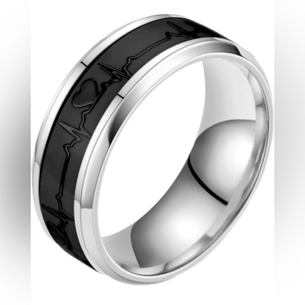 Gualiy Stainless Steel Band, Silver Luminous Electrocardiogram Ring 8MM